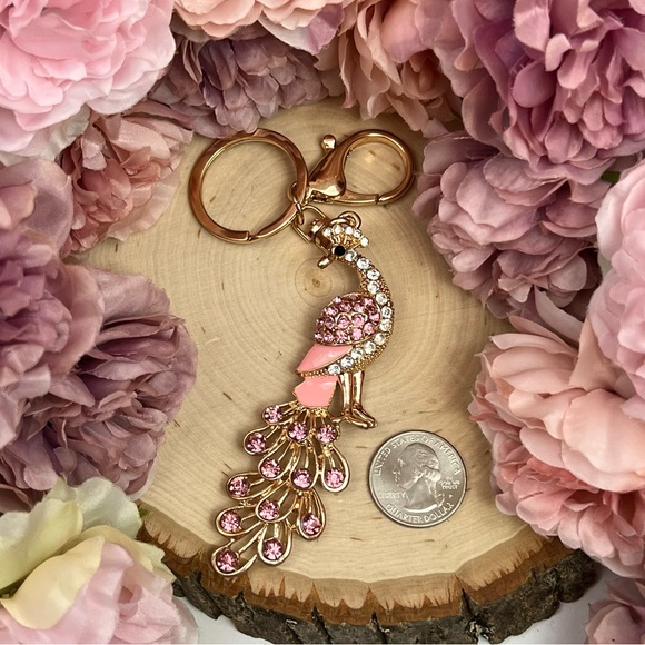 Beautiful Golden and Pink Crystal Peacock Keychain Charm - Picture 13 of 15